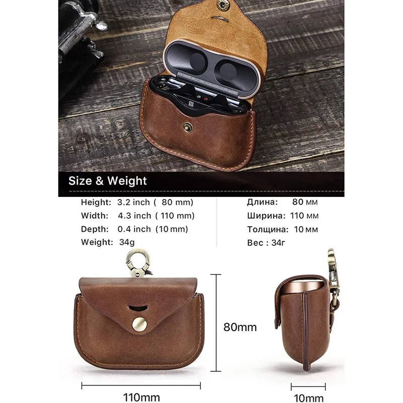 Full Grain Leather Earphone Case For Sony WF-1000xm3 Leather Case with Carabiner Portable Protective Case earphone Sony-Brown