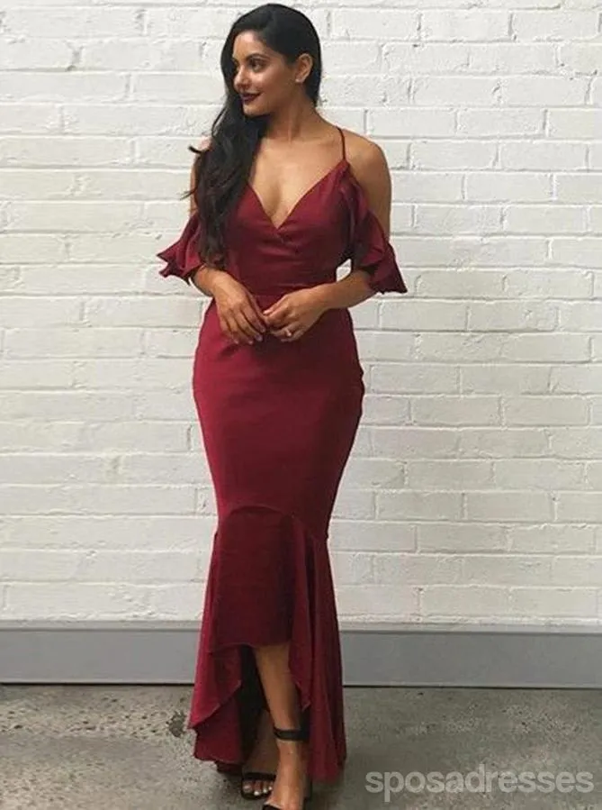Halter Dark Red Mermaid High Low Cheap Bridesmaid Dresses Online, WG683