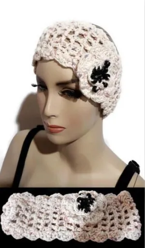 Handmade crochet headband, cotton beige headband, crochet flower with beads in center, The good morning headband