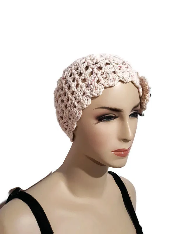 Handmade crochet headband, cotton beige headband, crochet flower with beads in center, The good morning headband