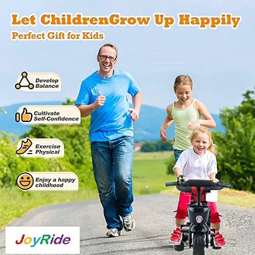 JoyRide Learn-to-Ride Trike on 3 Wheels with Safety Harness, Non-Slip Pedal,Storage Basket and Removable Parent Handle, Black, Red