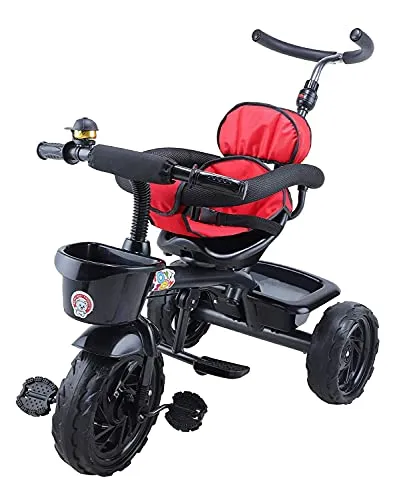 JoyRide Learn-to-Ride Trike on 3 Wheels with Safety Harness, Non-Slip Pedal,Storage Basket and Removable Parent Handle, Black, Red