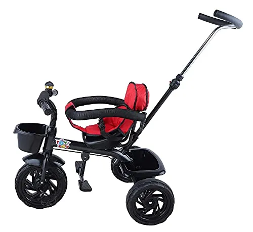 JoyRide Learn-to-Ride Trike on 3 Wheels with Safety Harness, Non-Slip Pedal,Storage Basket and Removable Parent Handle, Black, Red
