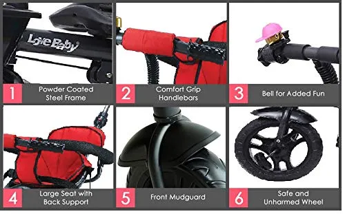JoyRide Learn-to-Ride Trike on 3 Wheels with Safety Harness, Non-Slip Pedal,Storage Basket and Removable Parent Handle, Black, Red