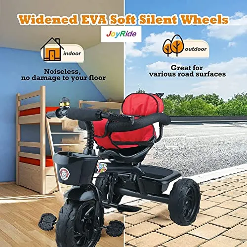 JoyRide Learn-to-Ride Trike on 3 Wheels with Safety Harness, Non-Slip Pedal,Storage Basket and Removable Parent Handle, Black, Red