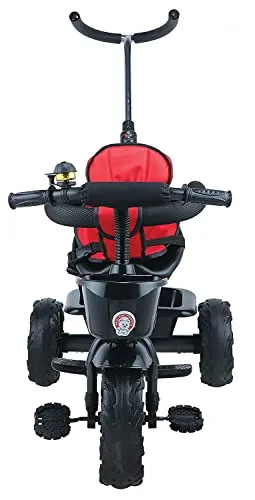 JoyRide Learn-to-Ride Trike on 3 Wheels with Safety Harness, Non-Slip Pedal,Storage Basket and Removable Parent Handle, Black, Red