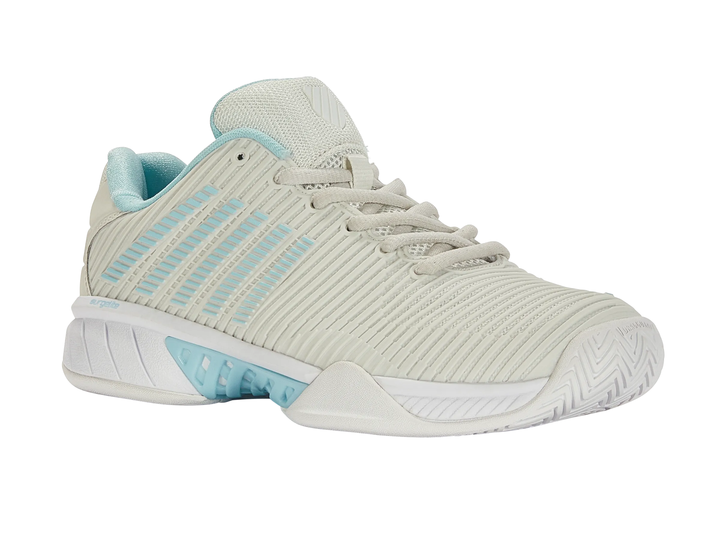 K-Swiss Women's Hypercourt Express 2 Wide Tennis Shoes in Vaporous Gray/White/Blue Glow