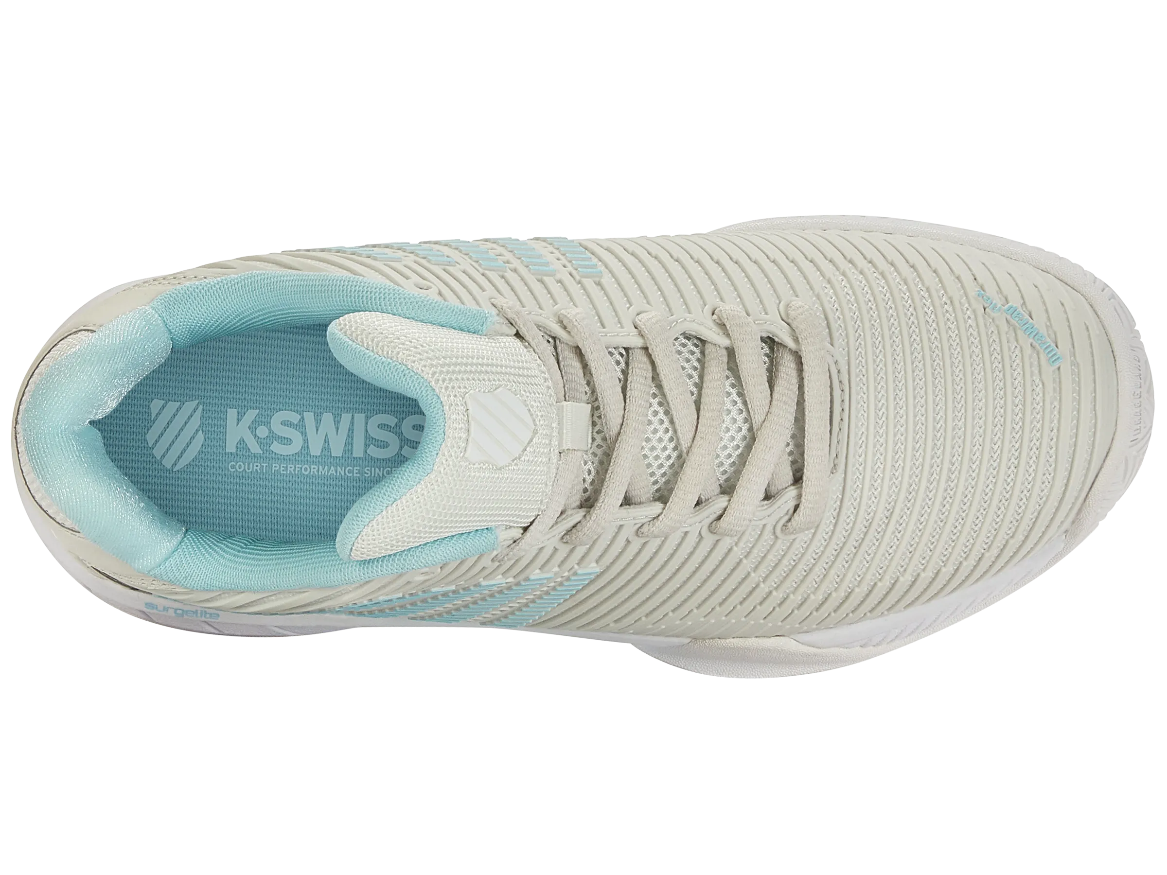 K-Swiss Women's Hypercourt Express 2 Wide Tennis Shoes in Vaporous Gray/White/Blue Glow