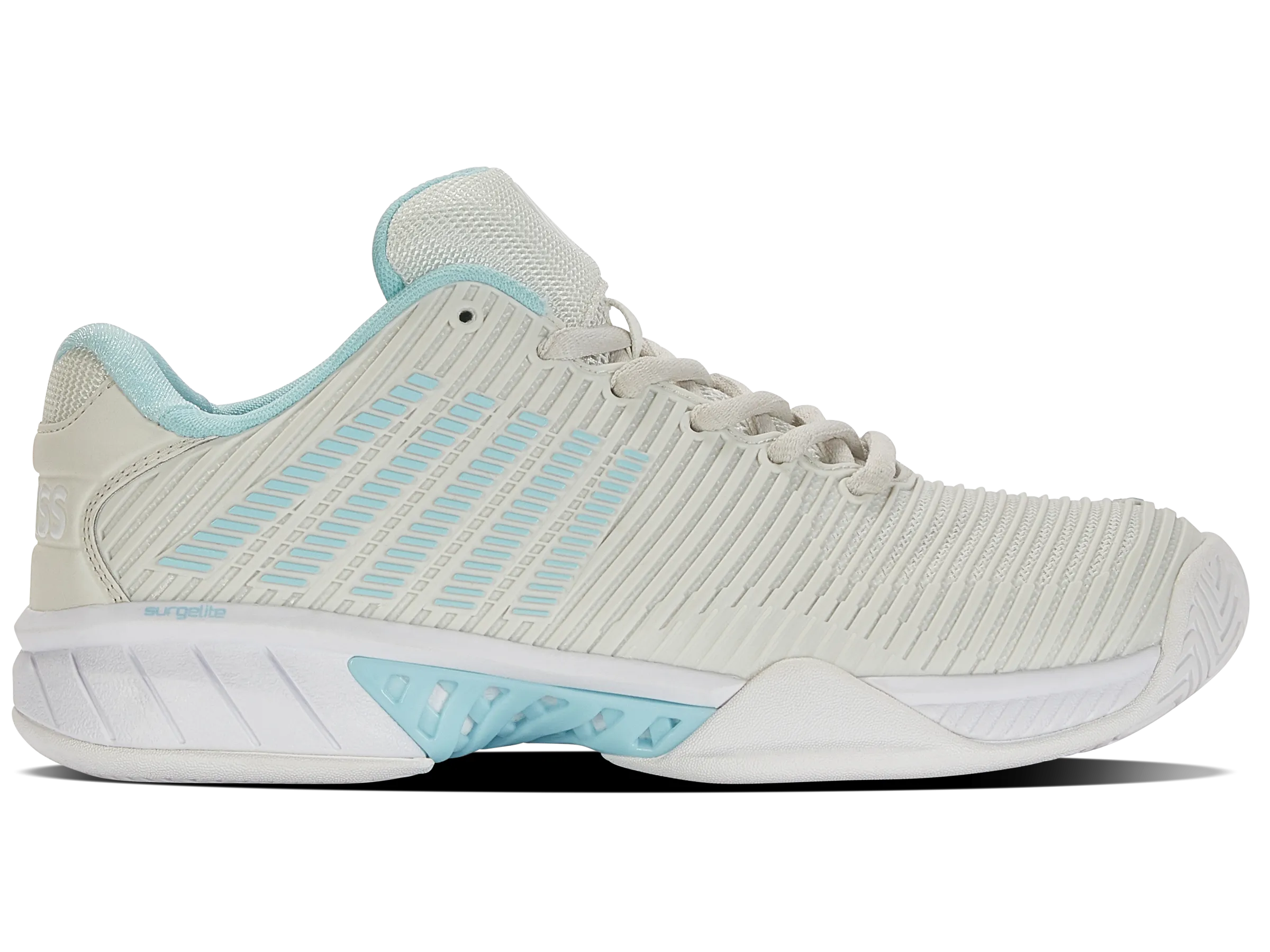 K-Swiss Women's Hypercourt Express 2 Wide Tennis Shoes in Vaporous Gray/White/Blue Glow