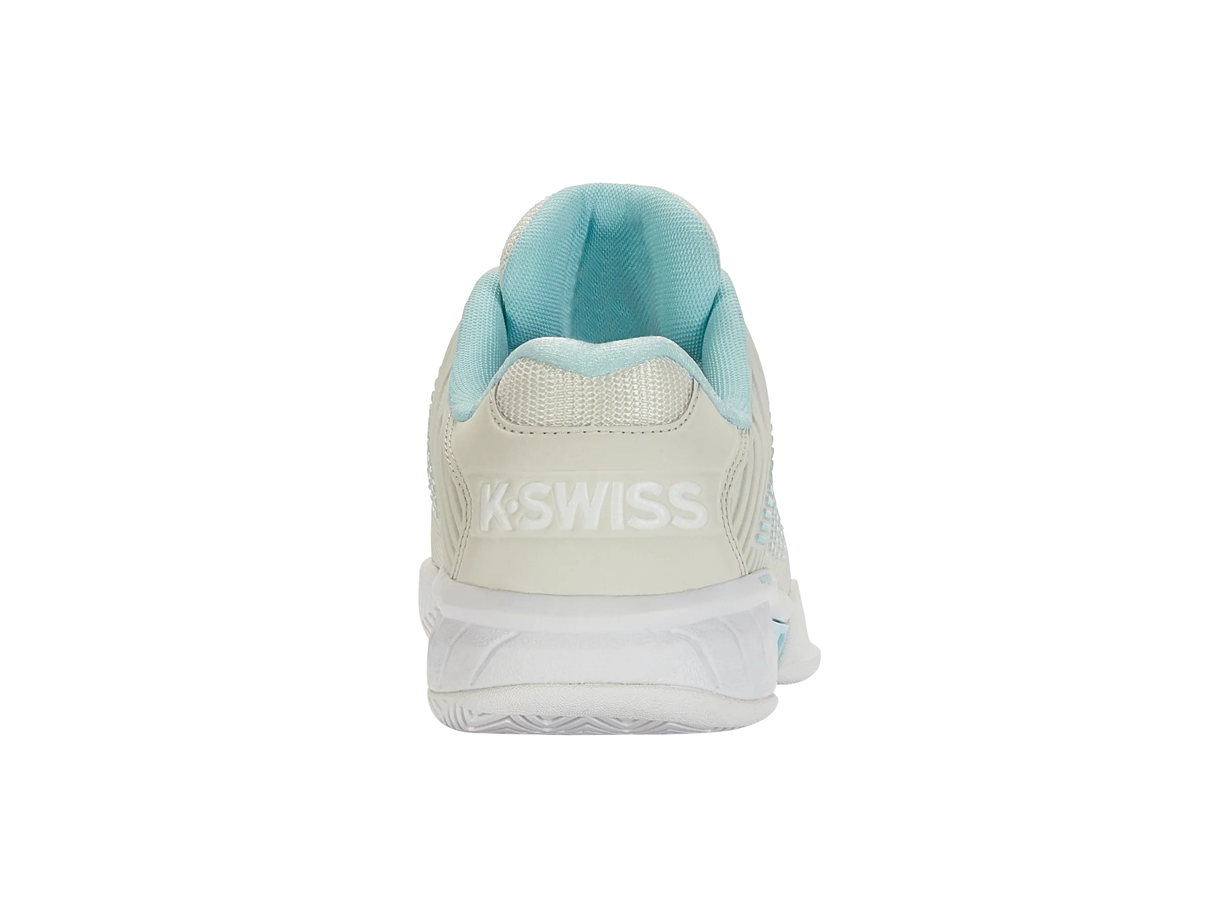K-Swiss Women's Hypercourt Express 2 Wide Tennis Shoes in Vaporous Gray/White/Blue Glow