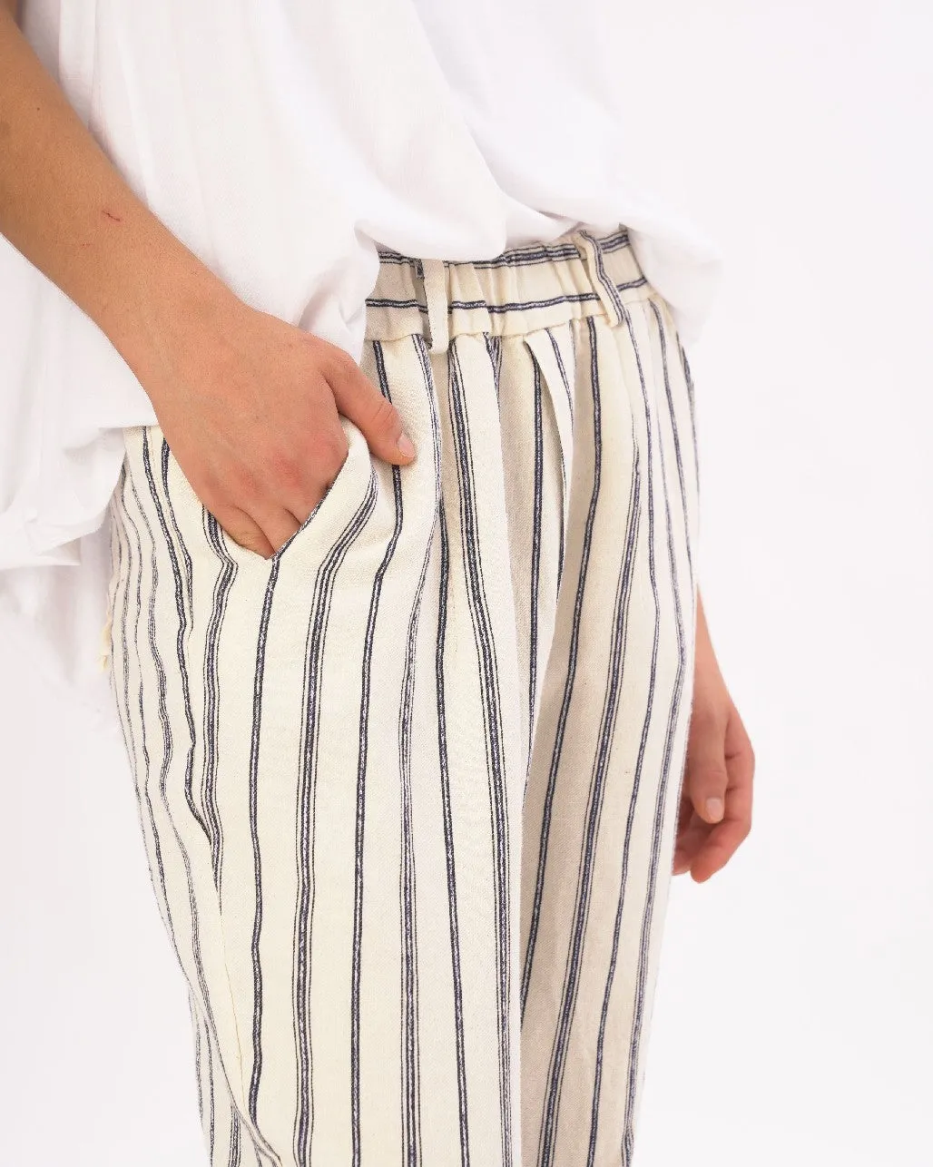 Light Striped Cotton Linen Elastic Pants