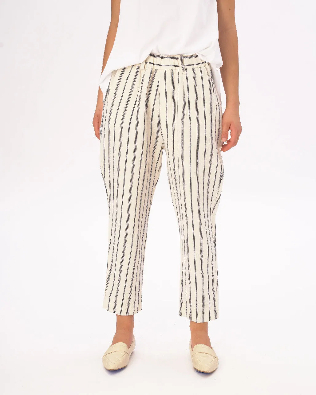 Light Striped Cotton Linen Elastic Pants