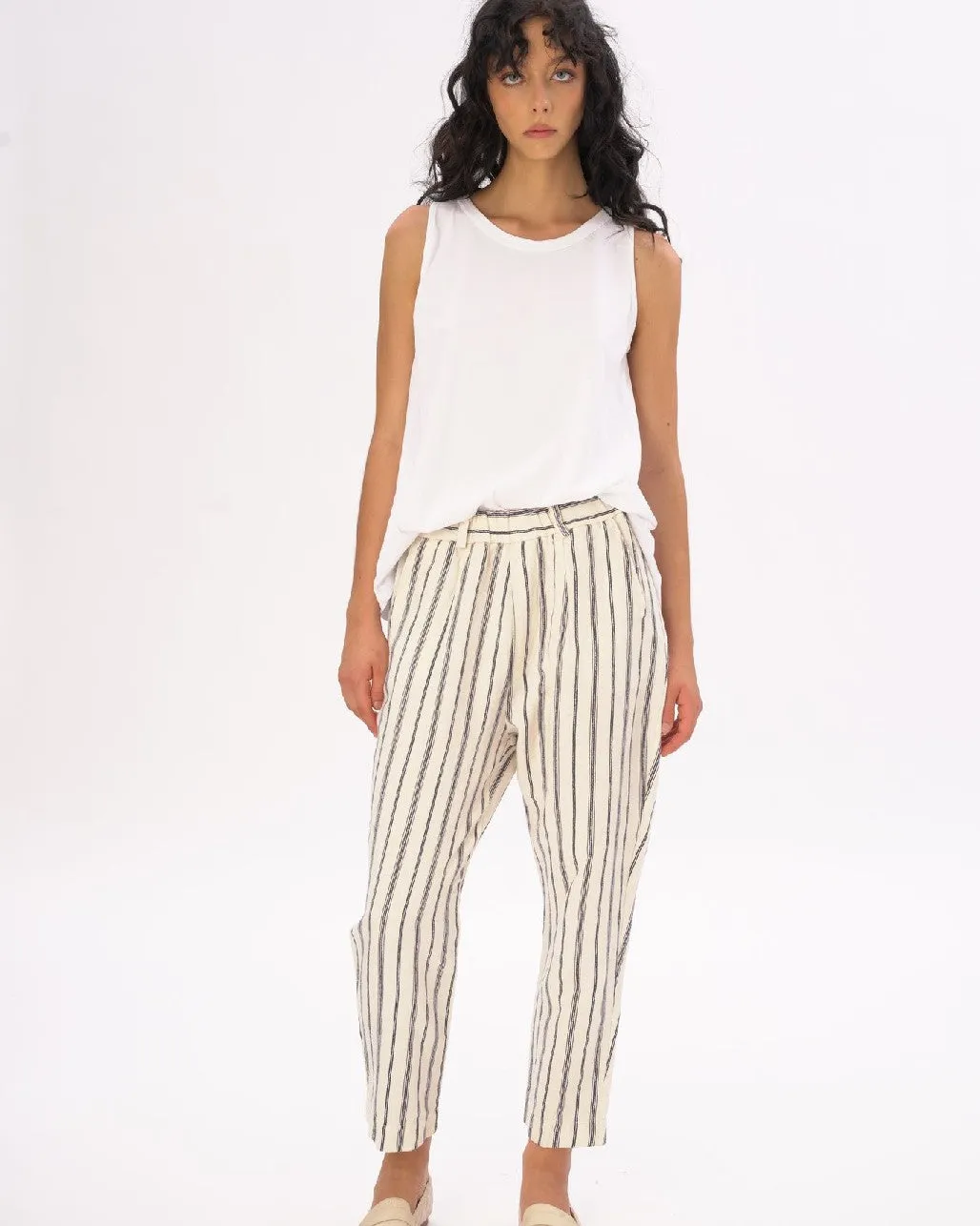 Light Striped Cotton Linen Elastic Pants