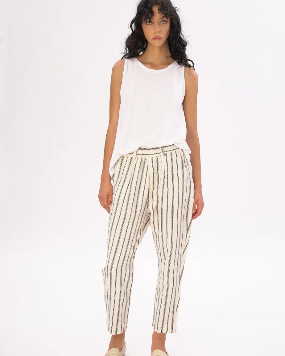 Light Striped Cotton Linen Elastic Pants