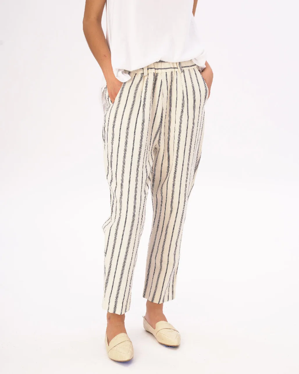 Light Striped Cotton Linen Elastic Pants