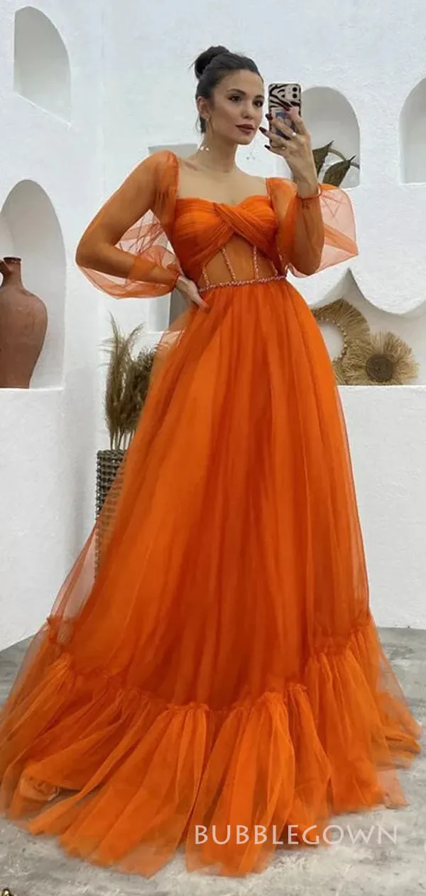 Long Sleeves Orange Tulle Long Evening Prom Dresses, Custom A-line Prom Dresses, BGS0277
