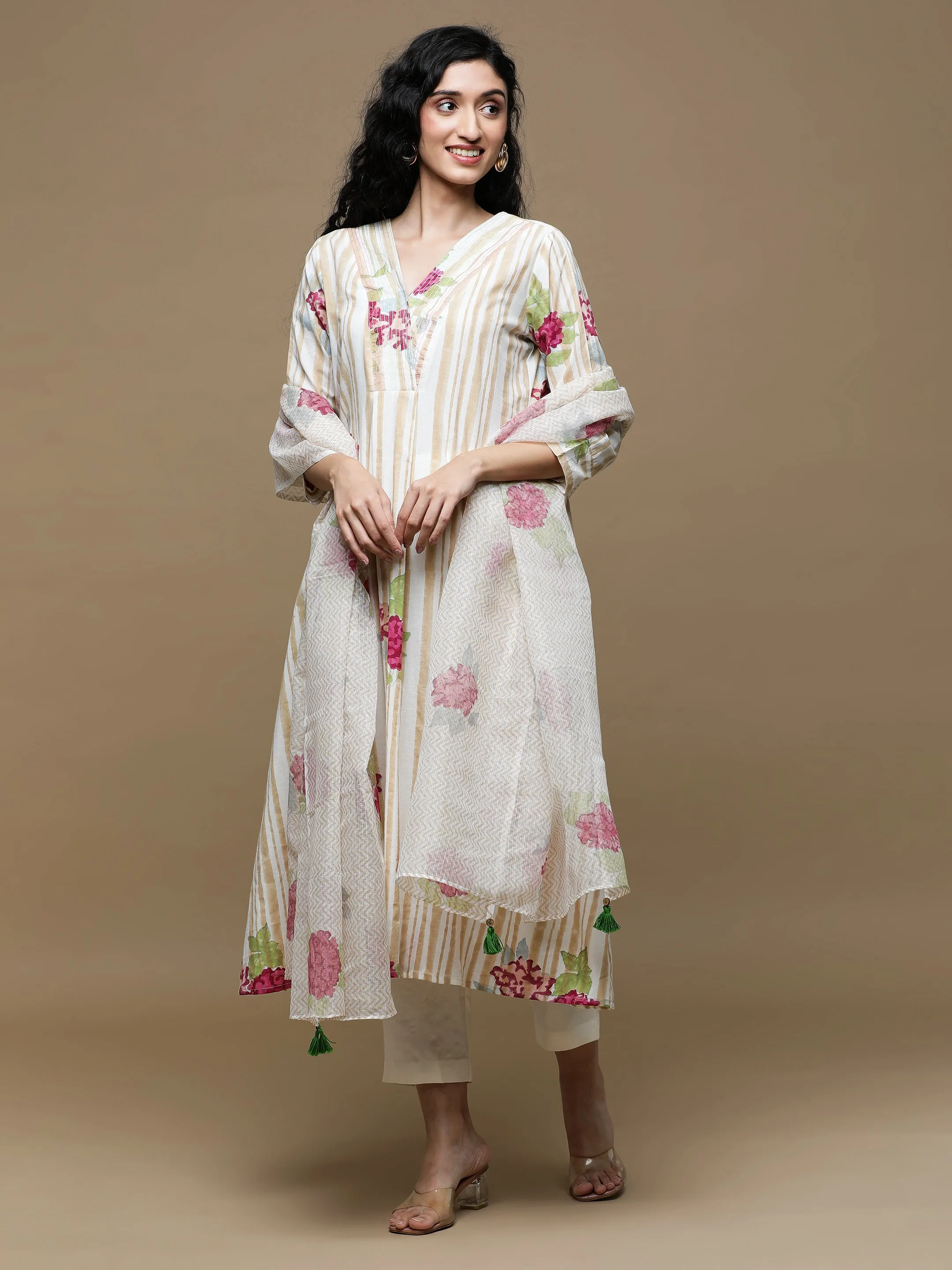 Manjari White With Brown Stripes Kurta