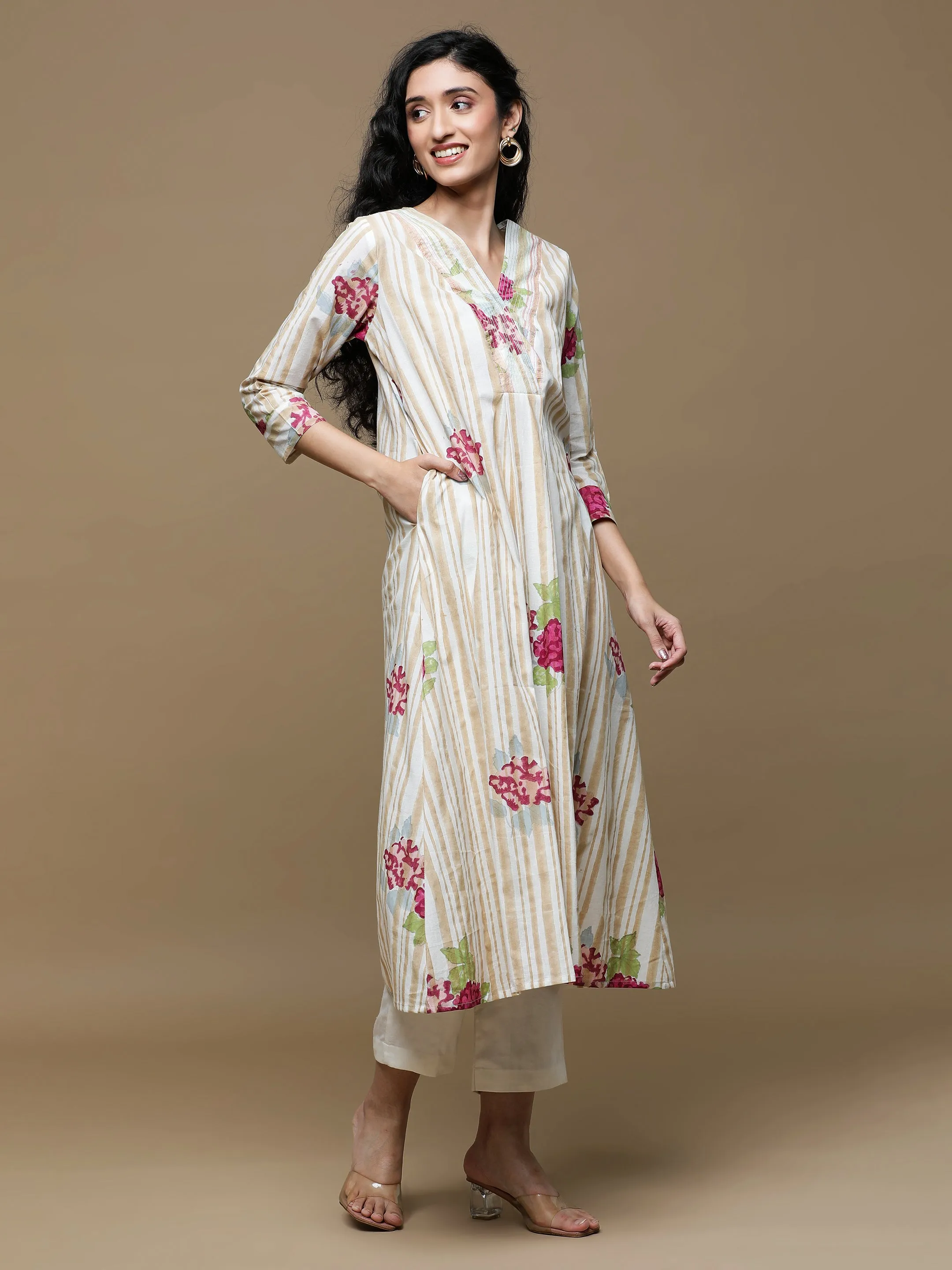 Manjari White With Brown Stripes Kurta