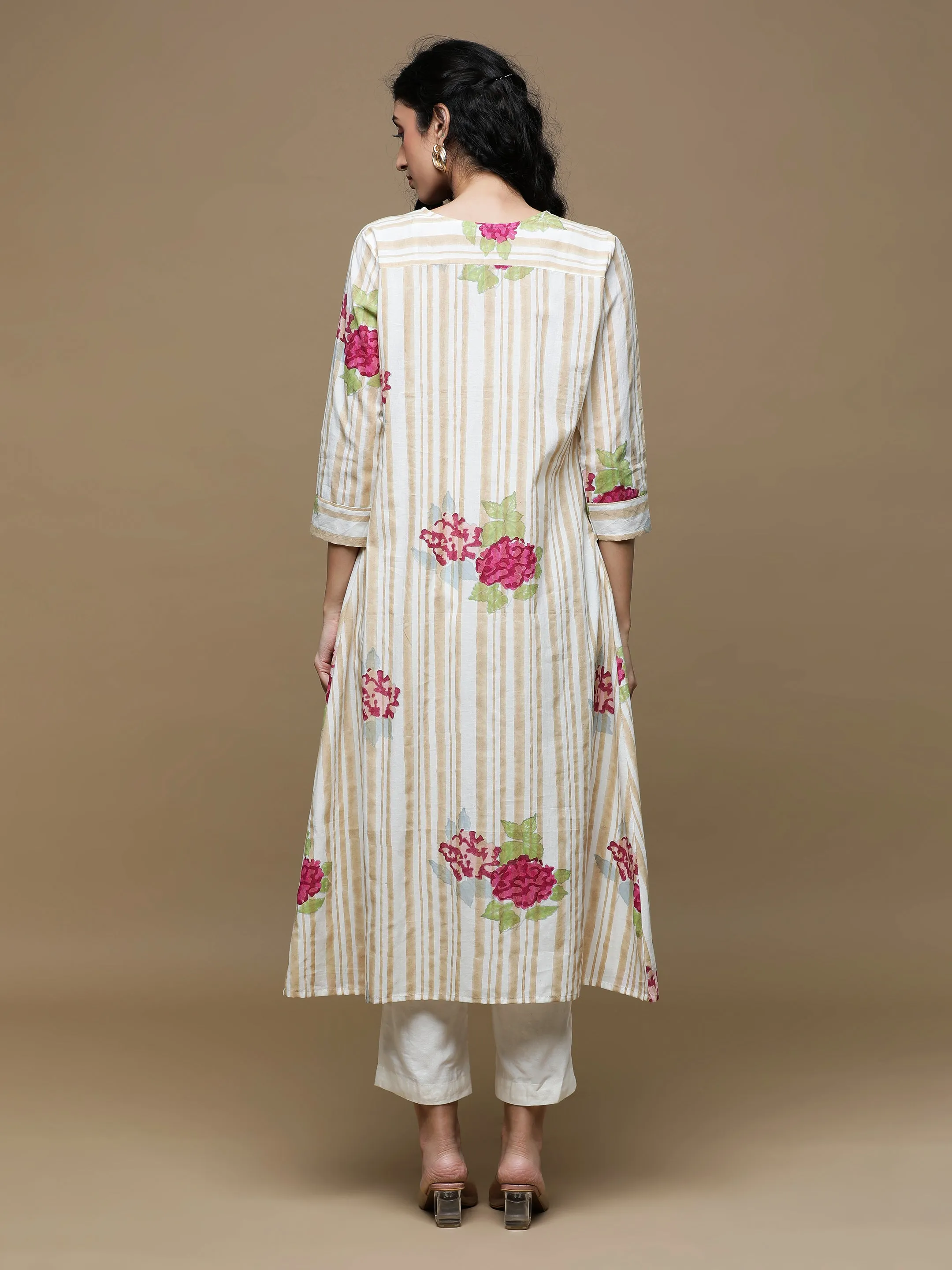 Manjari White With Brown Stripes Kurta