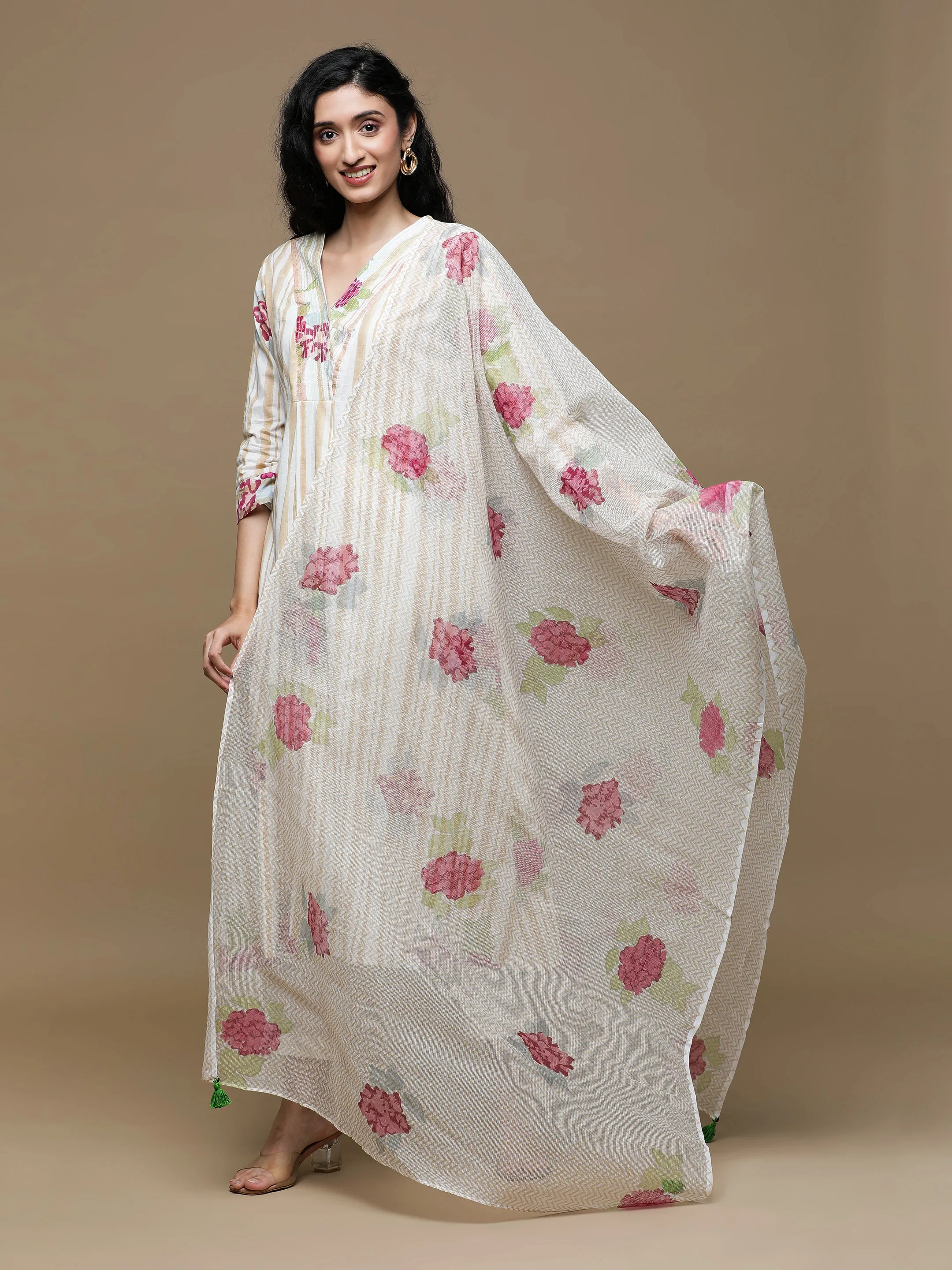 Manjari White With Brown Stripes Kurta