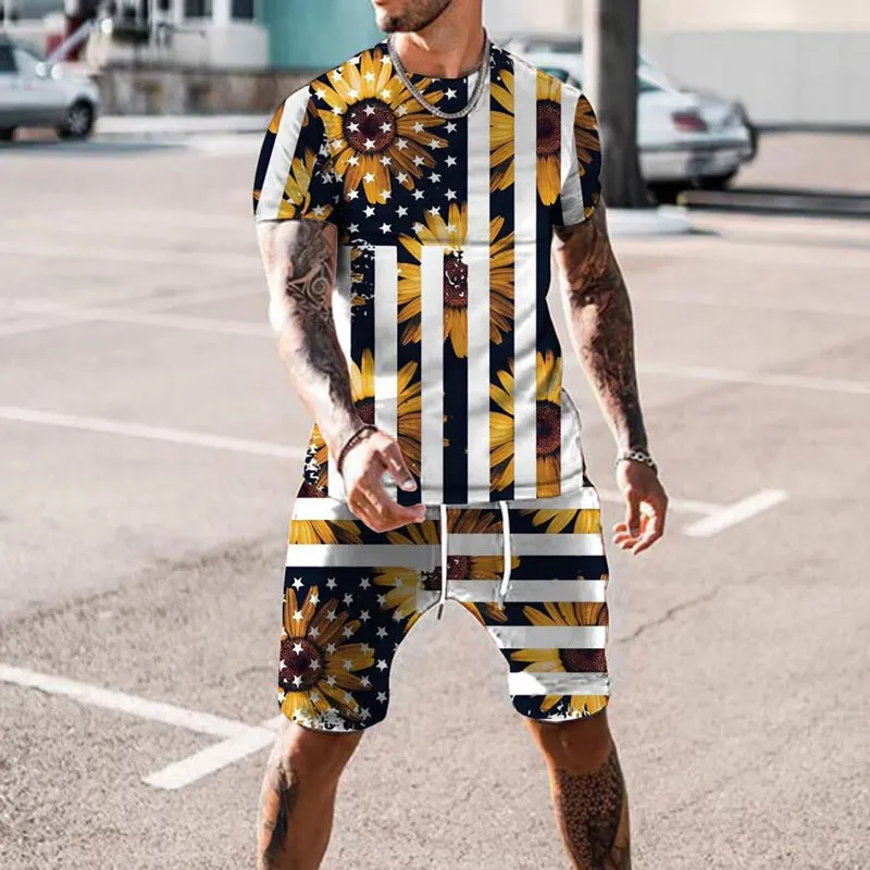 Mens Patriotic Printed T-shirt and Shorts Set 2 Piece Outfits