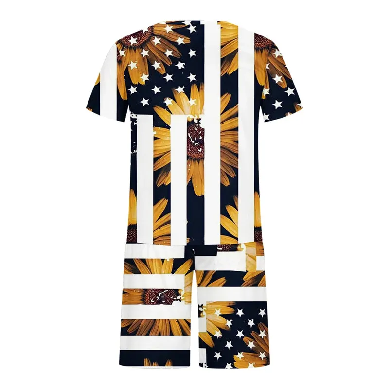 Mens Patriotic Printed T-shirt and Shorts Set 2 Piece Outfits