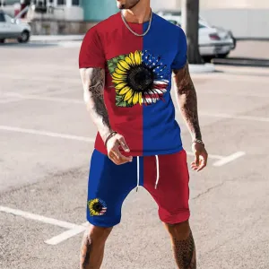 Mens Patriotic Printed T-shirt and Shorts Set 2 Piece Outfits