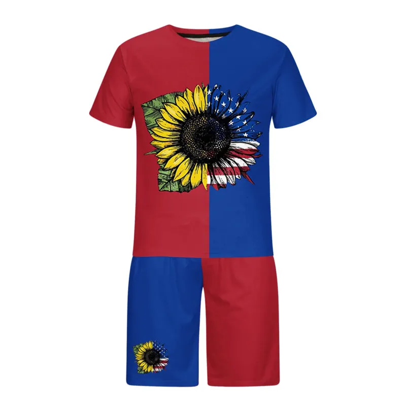 Mens Patriotic Printed T-shirt and Shorts Set 2 Piece Outfits