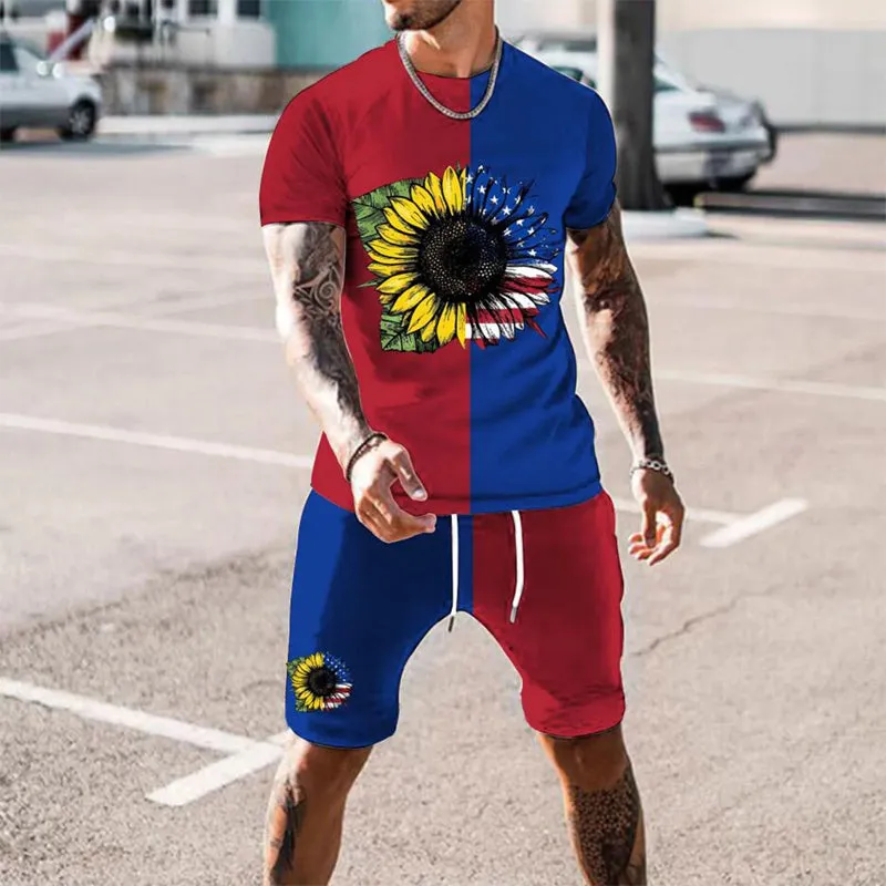 Mens Patriotic Printed T-shirt and Shorts Set 2 Piece Outfits