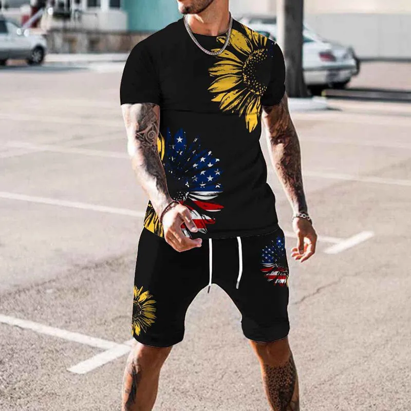 Mens Patriotic Printed T-shirt and Shorts Set 2 Piece Outfits