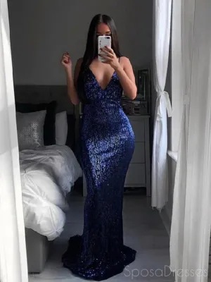 Mermaid Deep V Neck Sleeveless Navy Prom Dresses, Sweet 16 Prom Dresses, 12415