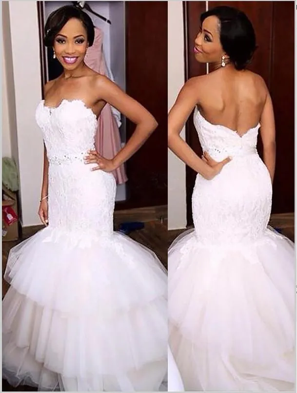 Mermaid Lace Tulle Strapless Wedding Dresses,Court Train Wedding Dresses