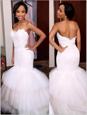 Mermaid Lace Tulle Strapless Wedding Dresses,Court Train Wedding Dresses