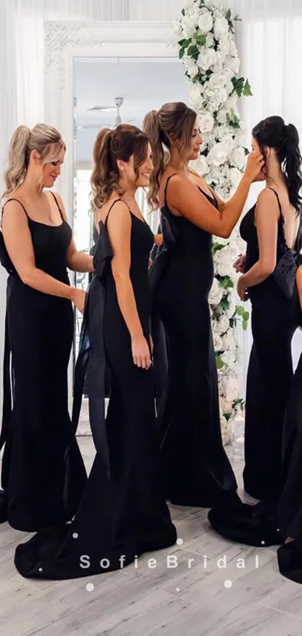 Mermaid Spaghetti Straps Black Long Bridesmaid Dresses With Bow Knot,SFWG0016