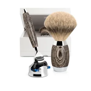 MÜHLE EDITION 3 Pc. Shaving Set, Silvertip Badger / Fusion, Ancient Oak & Sterling Silver