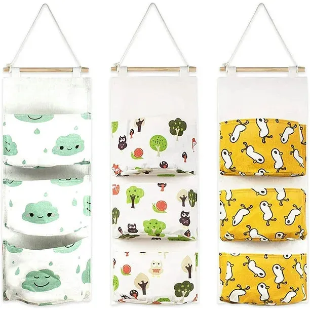 NEW 3 Packs Wall Closet Hanging Storage Bag, XICEN 3 Pockets Waterproof Wall Mounted Over The Door Hanging Organizer, Premium Linen Fabric Nursery Storage Pocket for Room Bedroom Bathroom, Retails $57