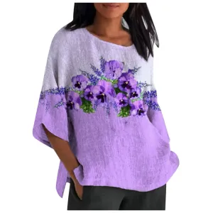 NEW Awareness Shirts for Women Floral Print Linen T Shirts Round Neck Tees for Going Out, Purple, Sz L