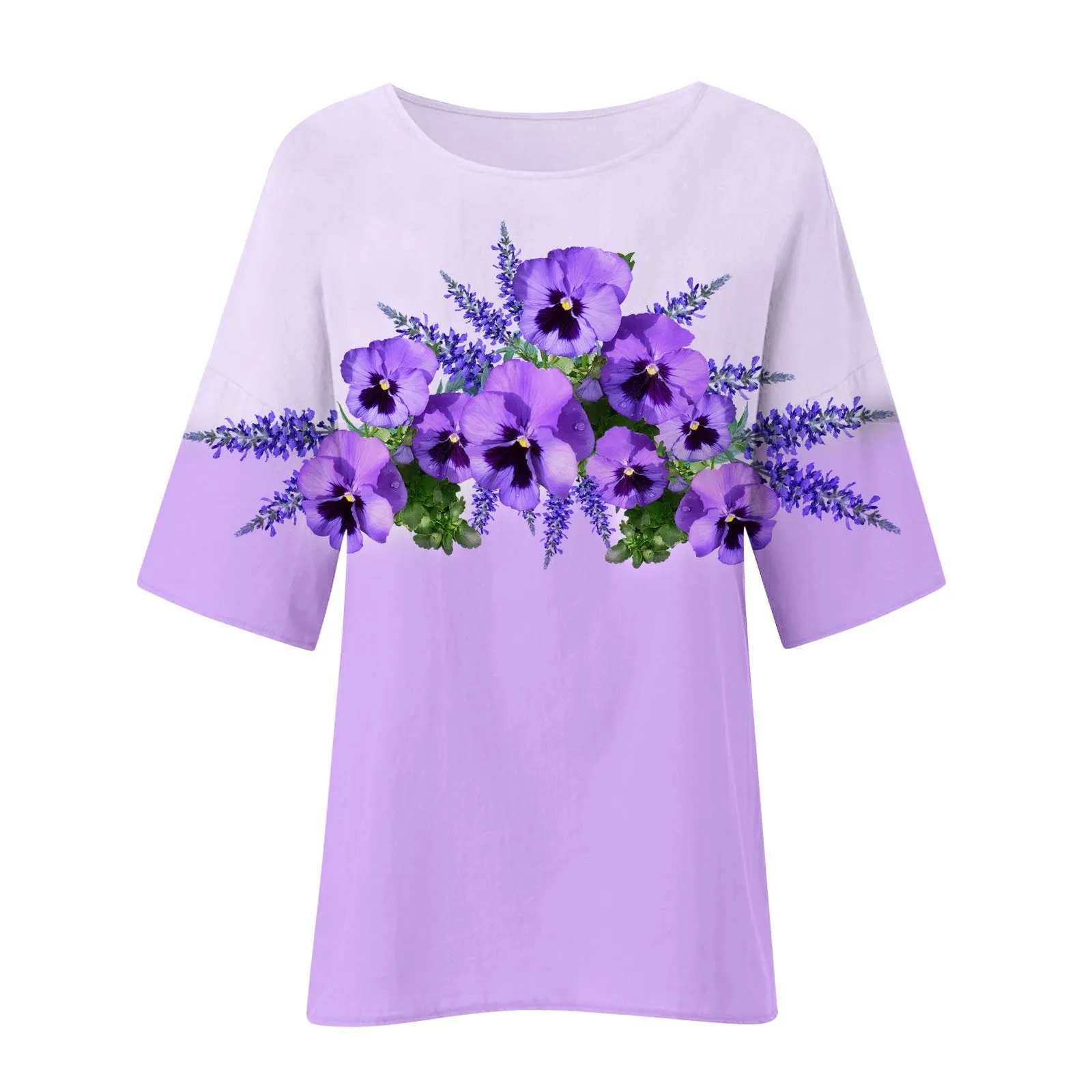 NEW Awareness Shirts for Women Floral Print Linen T Shirts Round Neck Tees for Going Out, Purple, Sz L