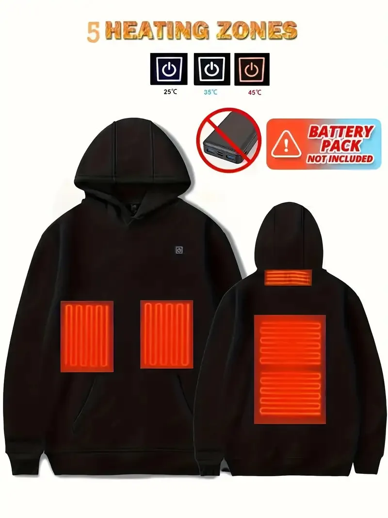 New Heated Hooded Sweatshirt with 5 Heating Zones for Men - Battery-Powered Outdoor Sport Pullover with Kangaroo Pocket Fits Men XL