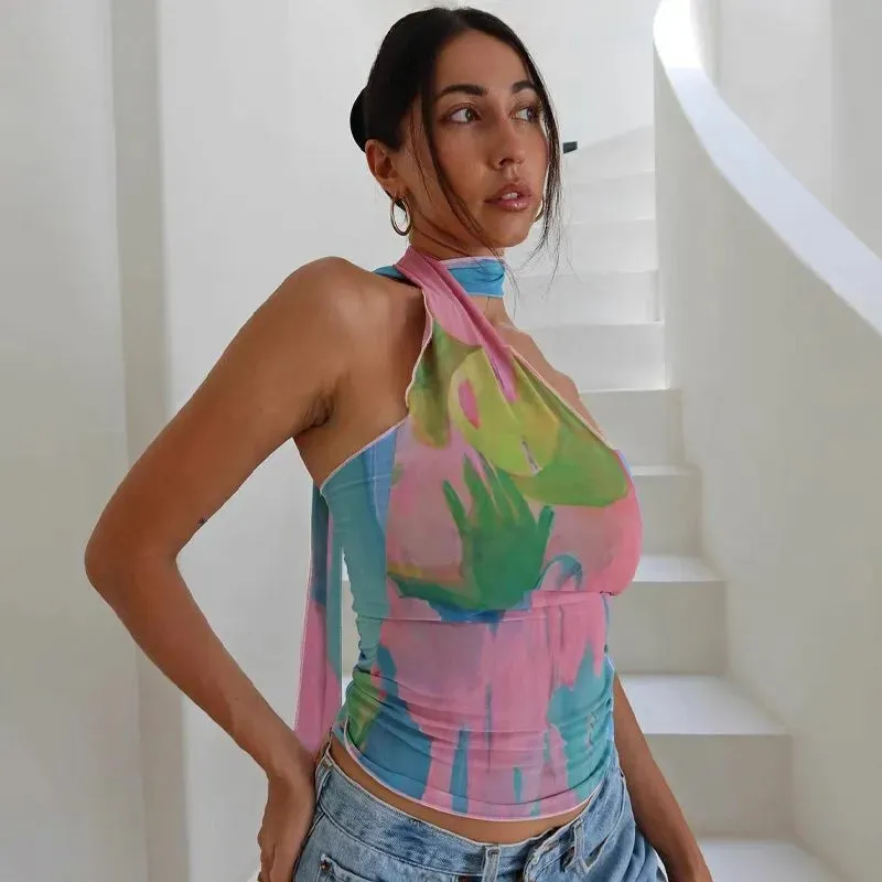 NEW Retails $40 Micas BRIGHT MESH COLOR WRAP NECK TOP Sz M