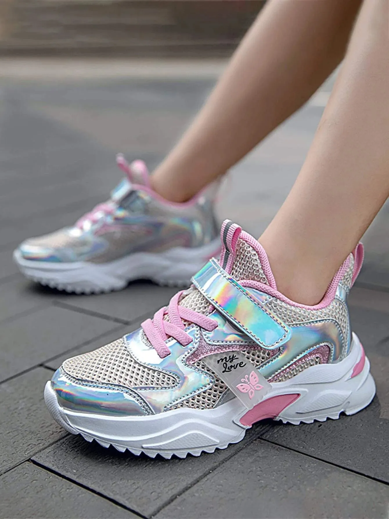 New Shein Girls Holographic Panel Mesh Chunky Sneakers, Youth Sz 5!