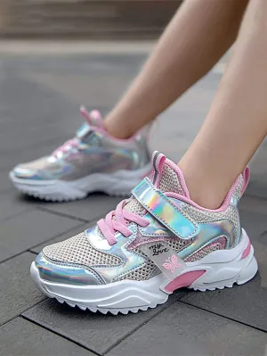 New Shein Girls Holographic Panel Mesh Chunky Sneakers, Youth Sz 5!