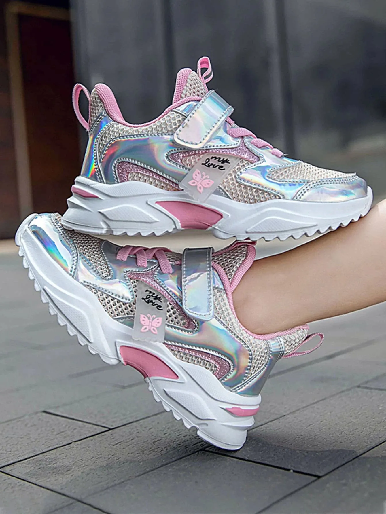 New Shein Girls Holographic Panel Mesh Chunky Sneakers, Youth Sz 5!
