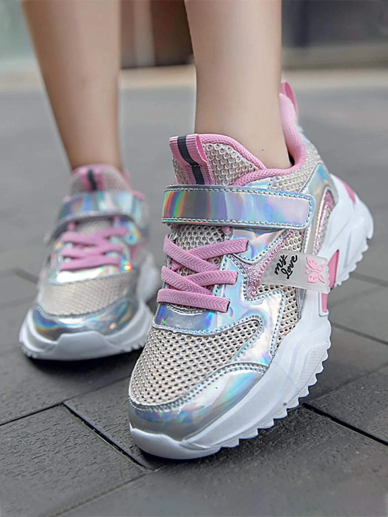 New Shein Girls Holographic Panel Mesh Chunky Sneakers, Youth Sz 5!