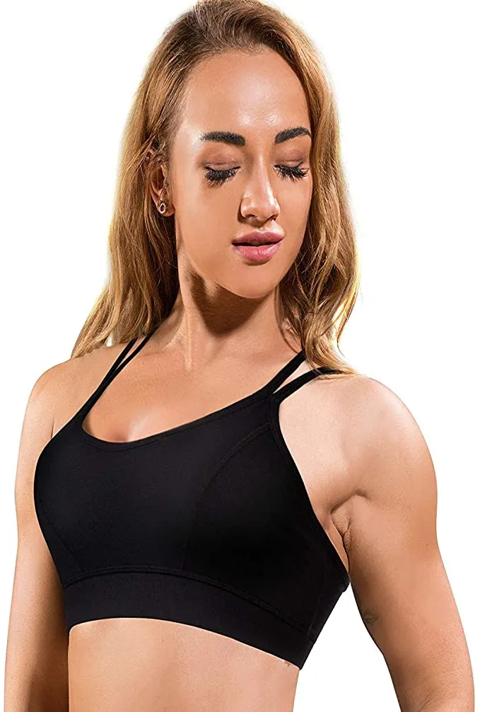 New Ursexyly Strappy Racerback Sports Bra for Women Medium Support Wirefree Padded Workout Crop Top Yoga Bra, Black, Sz XL!