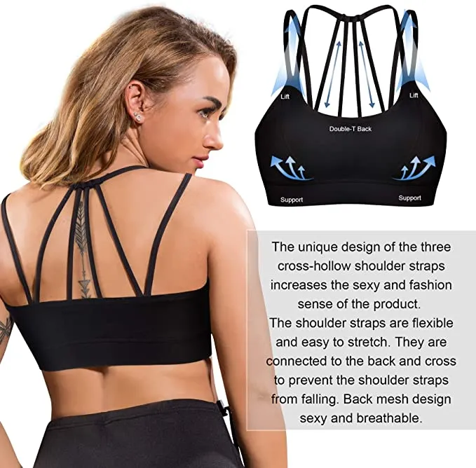 New Ursexyly Strappy Racerback Sports Bra for Women Medium Support Wirefree Padded Workout Crop Top Yoga Bra, Black, Sz XL!