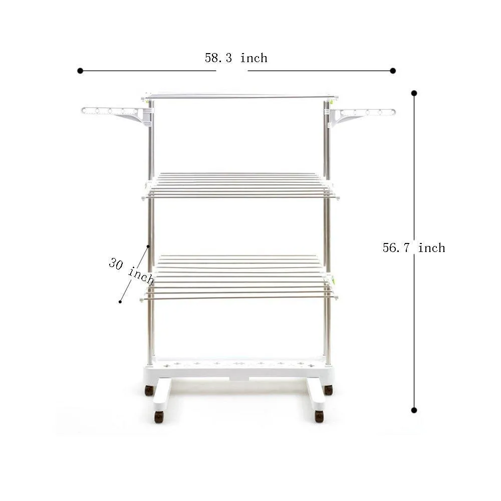 Newerlives BR505 3-tier Collapsible Clothes Drying Rack with Casters, Stainless Steel Hanging Rods, Indoor & Outdoor Use