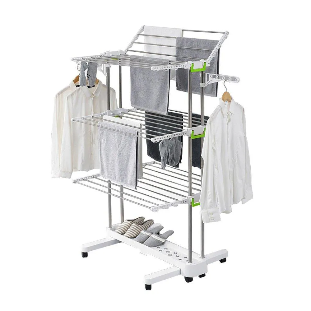Newerlives BR505 3-tier Collapsible Clothes Drying Rack with Casters, Stainless Steel Hanging Rods, Indoor & Outdoor Use