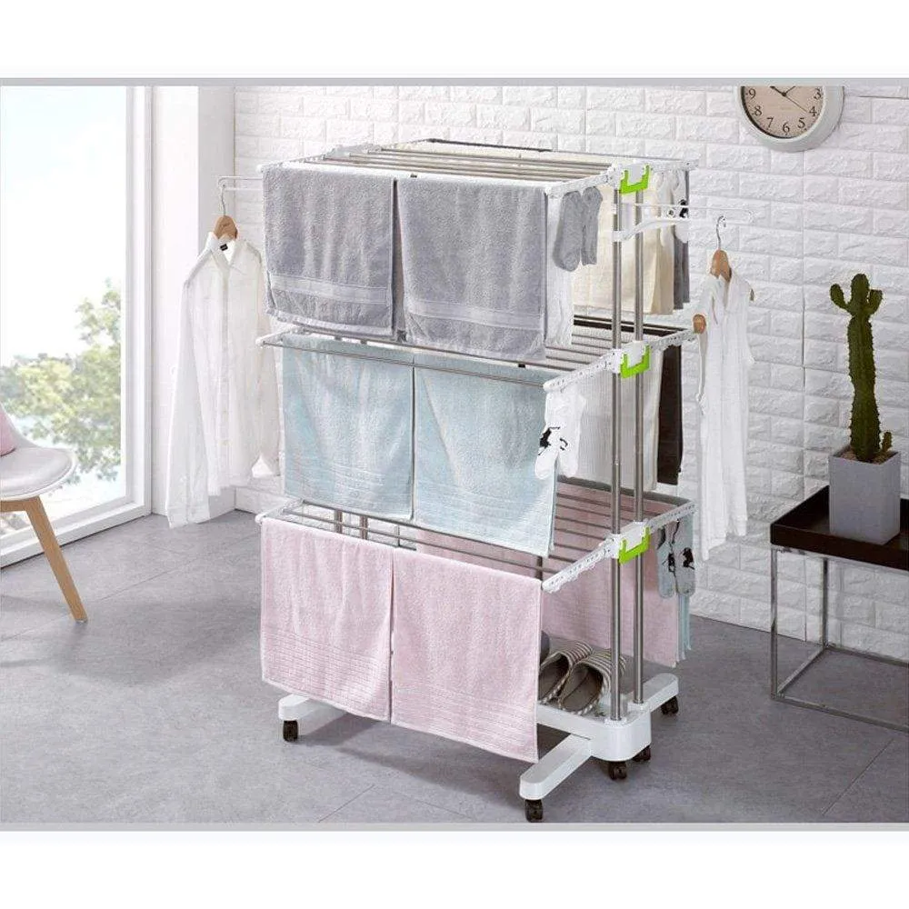 Newerlives BR505 3-tier Collapsible Clothes Drying Rack with Casters, Stainless Steel Hanging Rods, Indoor & Outdoor Use