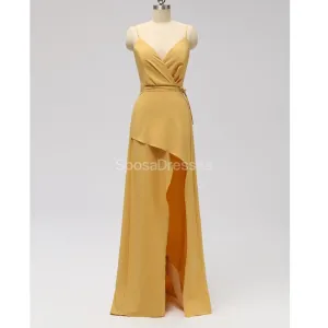 Orange Side Slit Spaghetti Straps Long Cheap Bridesmaid Dresses Online, WG602